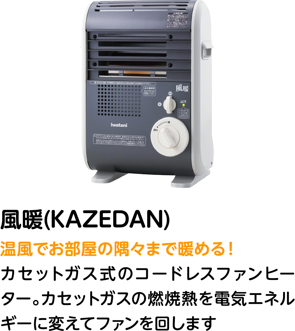 風暖(KAZEDAN) カセットガス式のコードレスファンヒーター カセットガスの燃焼熱を電気エネルギーに変えてファンを回します